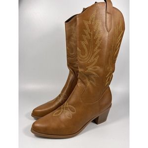 Women Western Cowboy Embroidered Mid-Calf Pointed Toe Cowgirl Boot Brown SIZE11